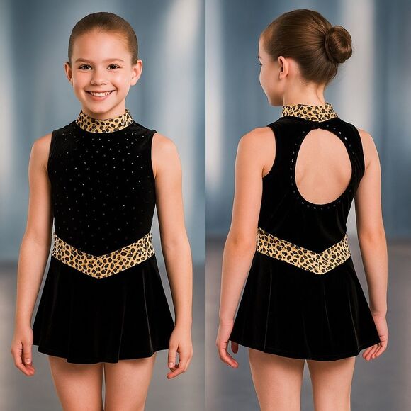 Rebel Skate Gear Black Leopard Velvet Dance Costume Girls L Sparkle Rhinestones - Picture 1 of 8